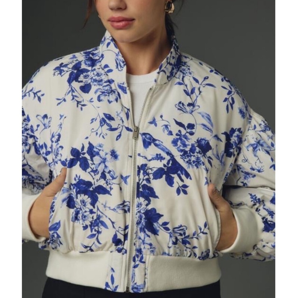 Floral Blue and White Bomber Jacket - Picture 2 of 2